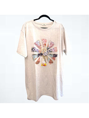 Easel Patchwork Washed T-shirt Dress in Natural Beige Size M/L